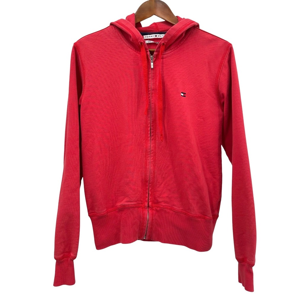 Tommy Hilfiger Hoodie Sweatshirt Full Zip Red 100% Cotton Women's Small VTG